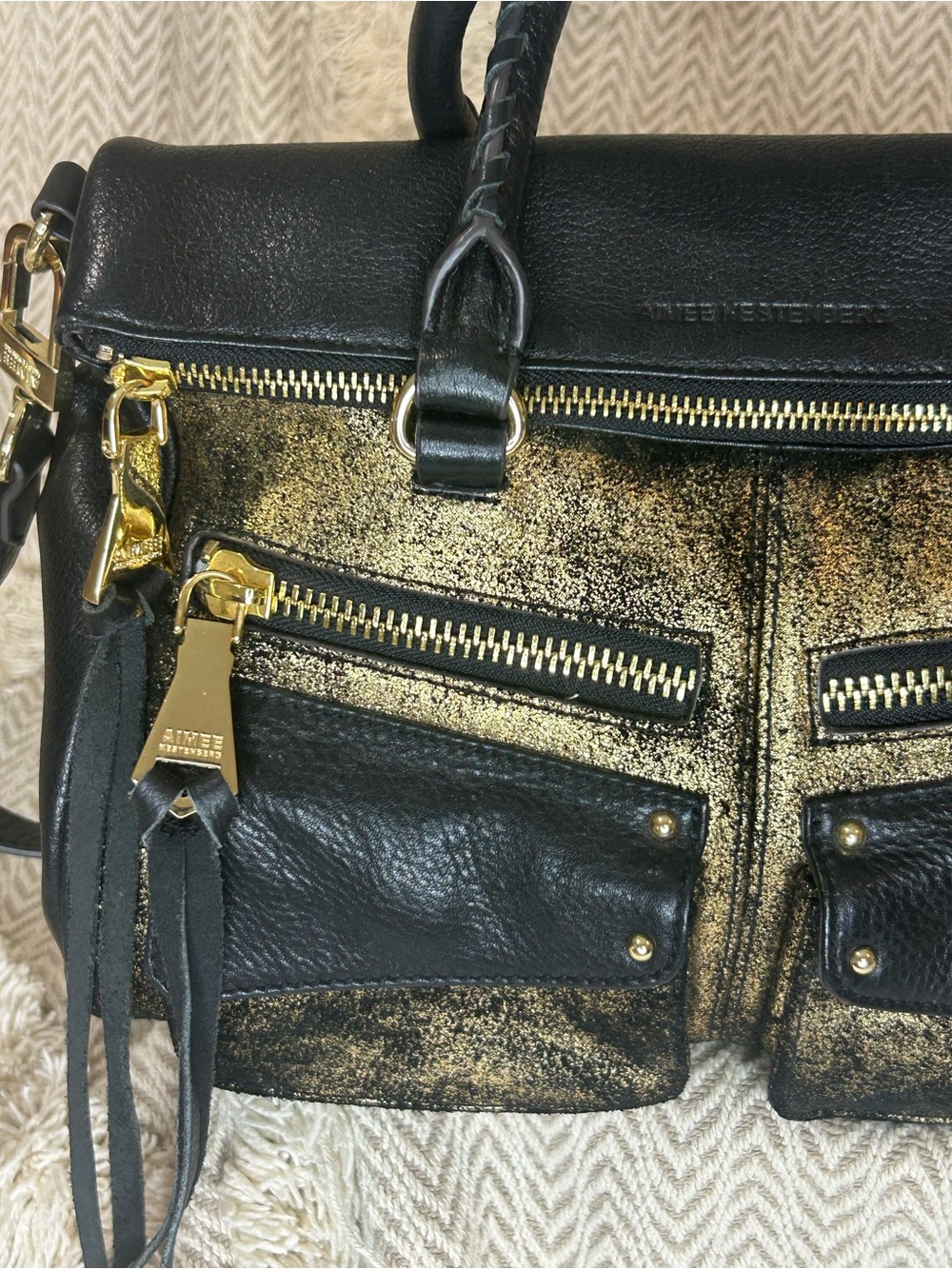 Aimee Kestenberg Black Leather Satchel with Gold Metallic Detail - Picture 2 of 12
